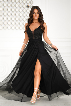 DŁUGA TIULOWA SUKIENKA  NA RAMIĄCZKACH CZARNA