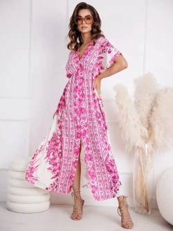 Wzorzysta sukienka maxi z marszczeniem Angelica