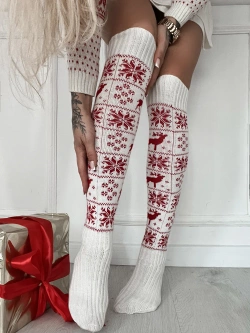 Damskie zakolanówki świąteczne ecru ZŚ06