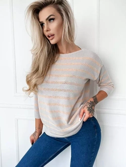 Damski szaro-beżowy sweter w paski 102304SBE