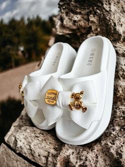 Damskie białe klapki z kokardą na grubej podeszwie WS9056-9